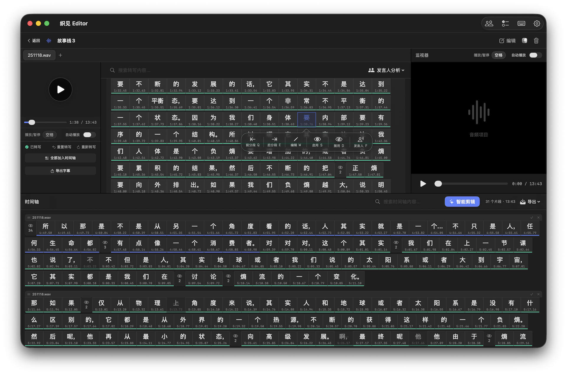 展示文本流轨道和时间轴的 App 截图
